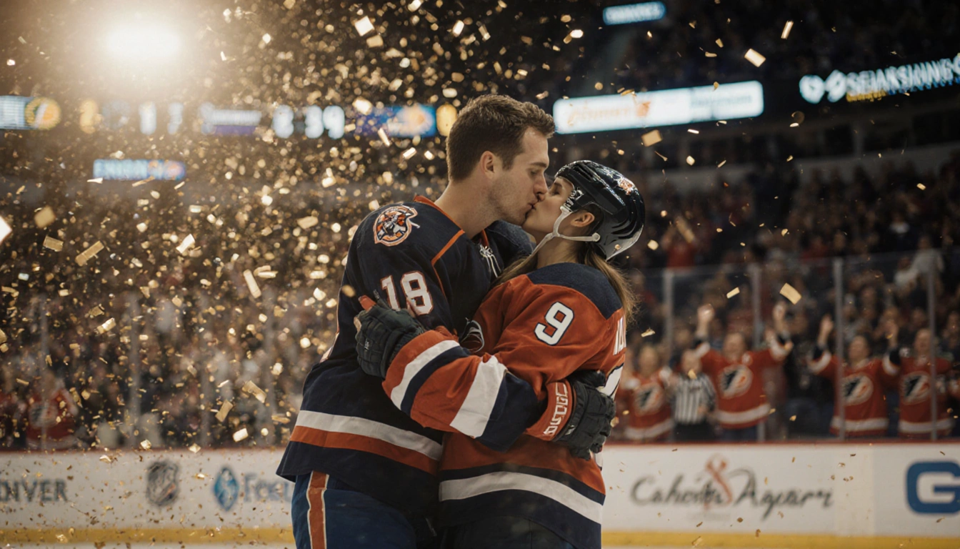 Two hockey players kissing with confetti swirling around them and a blurred scoreboard in background