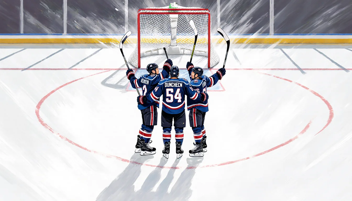 Three hockey players lift sticks in celebration with an ice rink background and a faint splash of color hinting at Oskar Back