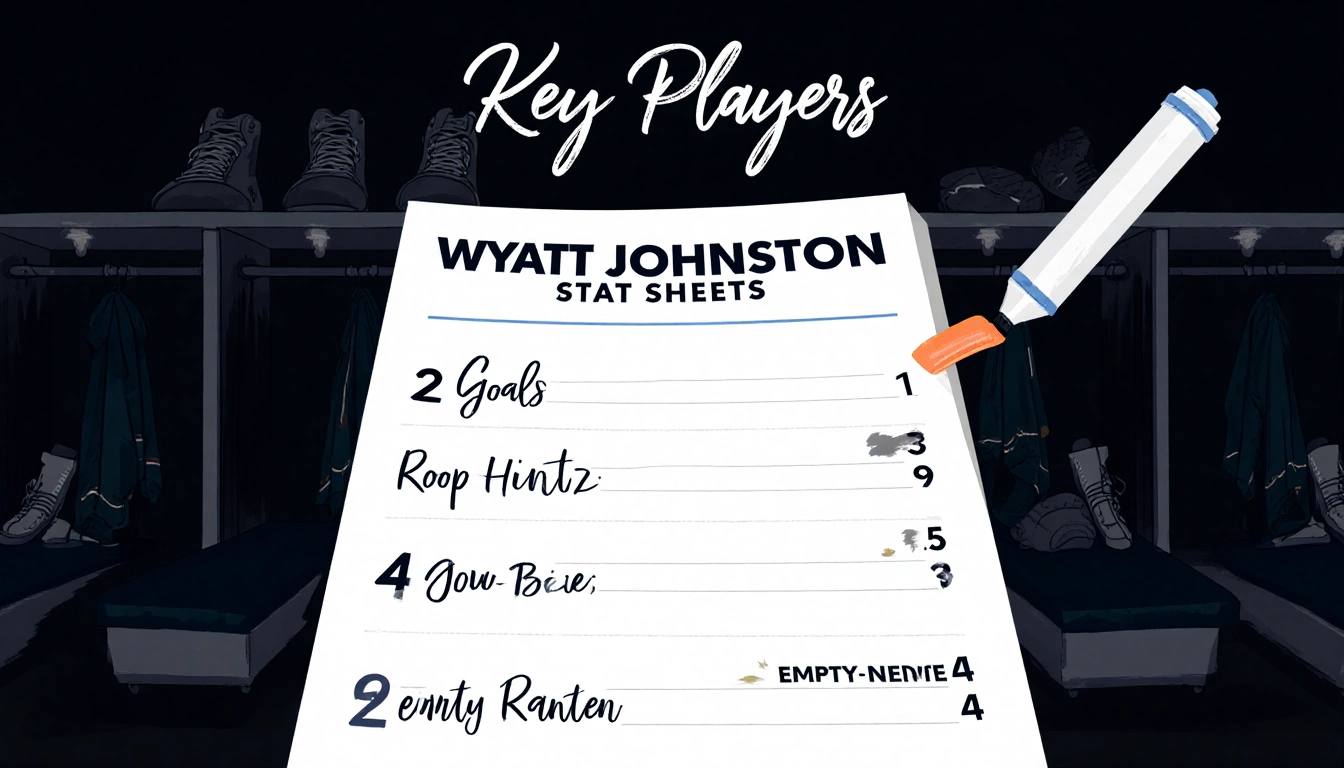 Stat sheet highlighting Wyatt Johnston’s 2 goals with a marker in a dim locker room with hockey gear.