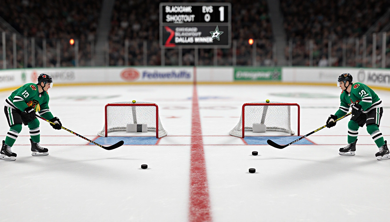 Players standing at blue line with Chicago goal light on and scattered sticks near a hockey table showing a shootout goal.