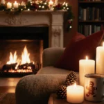 Candlelight gently illuminates a cozy living room with a crackling fireplace and pinecone décor.