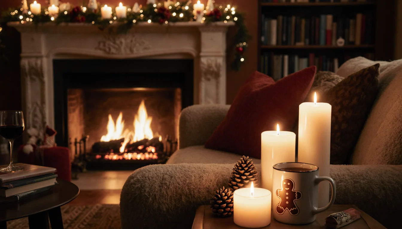 Candlelight gently illuminates a cozy living room with a crackling fireplace and pinecone décor.