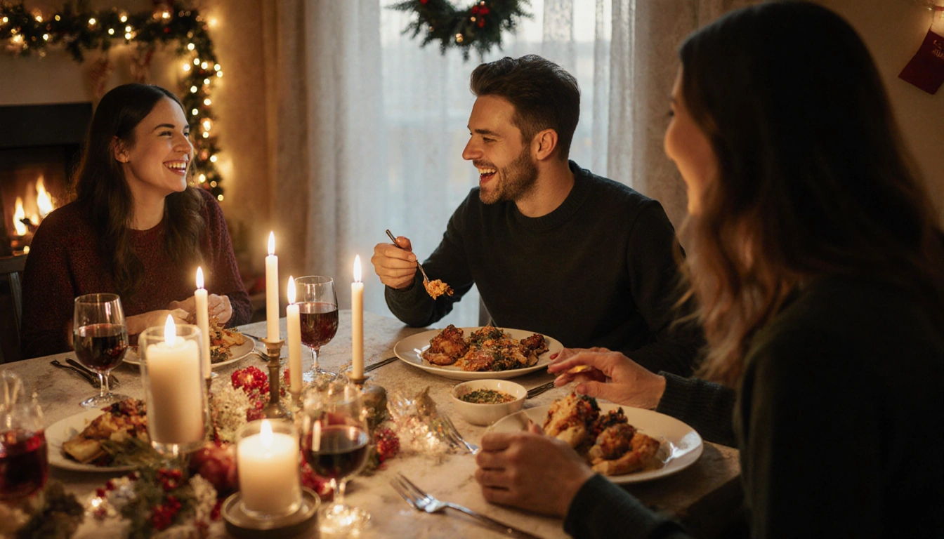 Three friends laughing around a candlelit holiday dinner table with soft golden light and steaming dishes.
