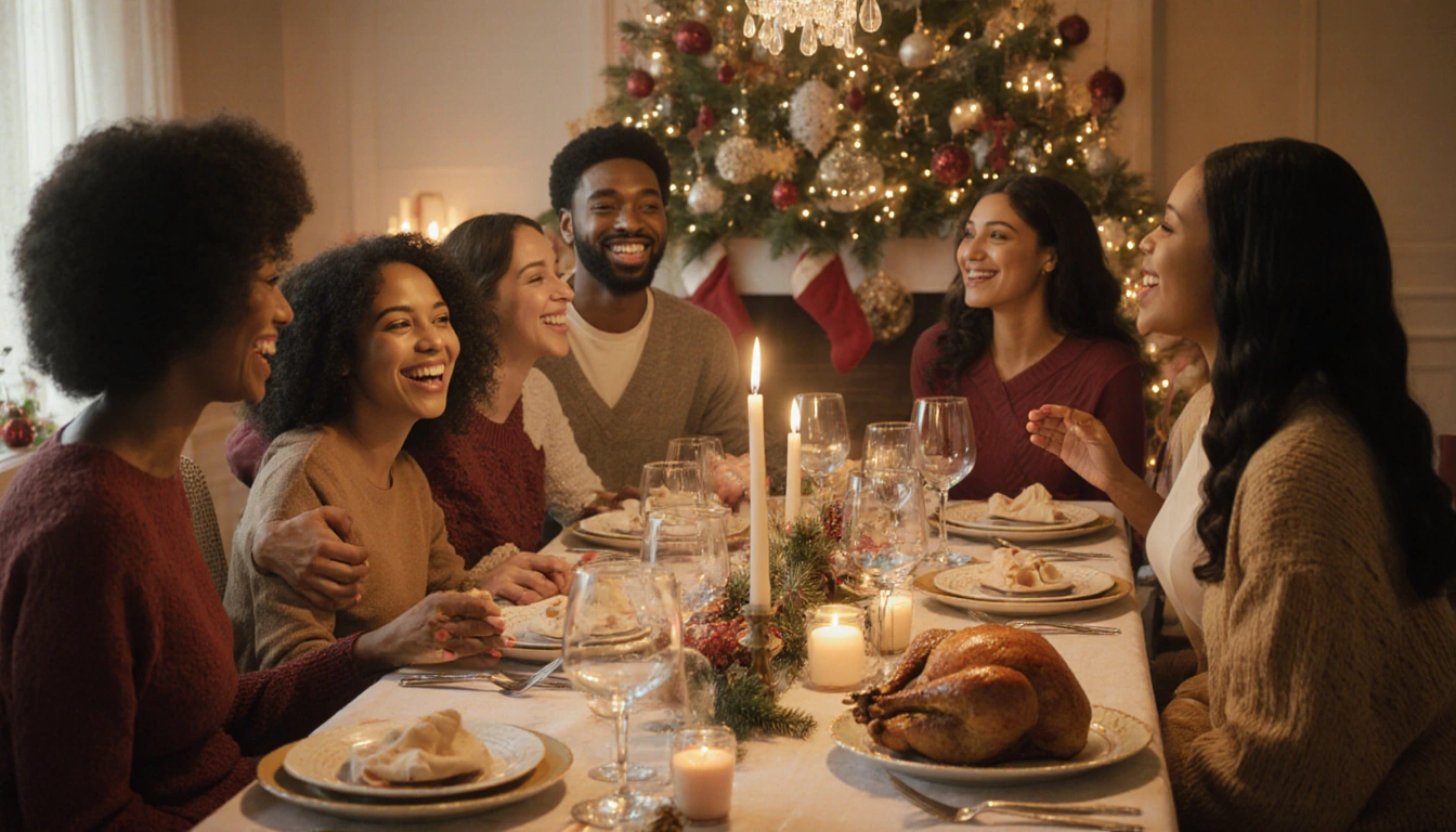 Diverse holiday families laughing and embracing at a table with golden lighting and a burnt turkey.