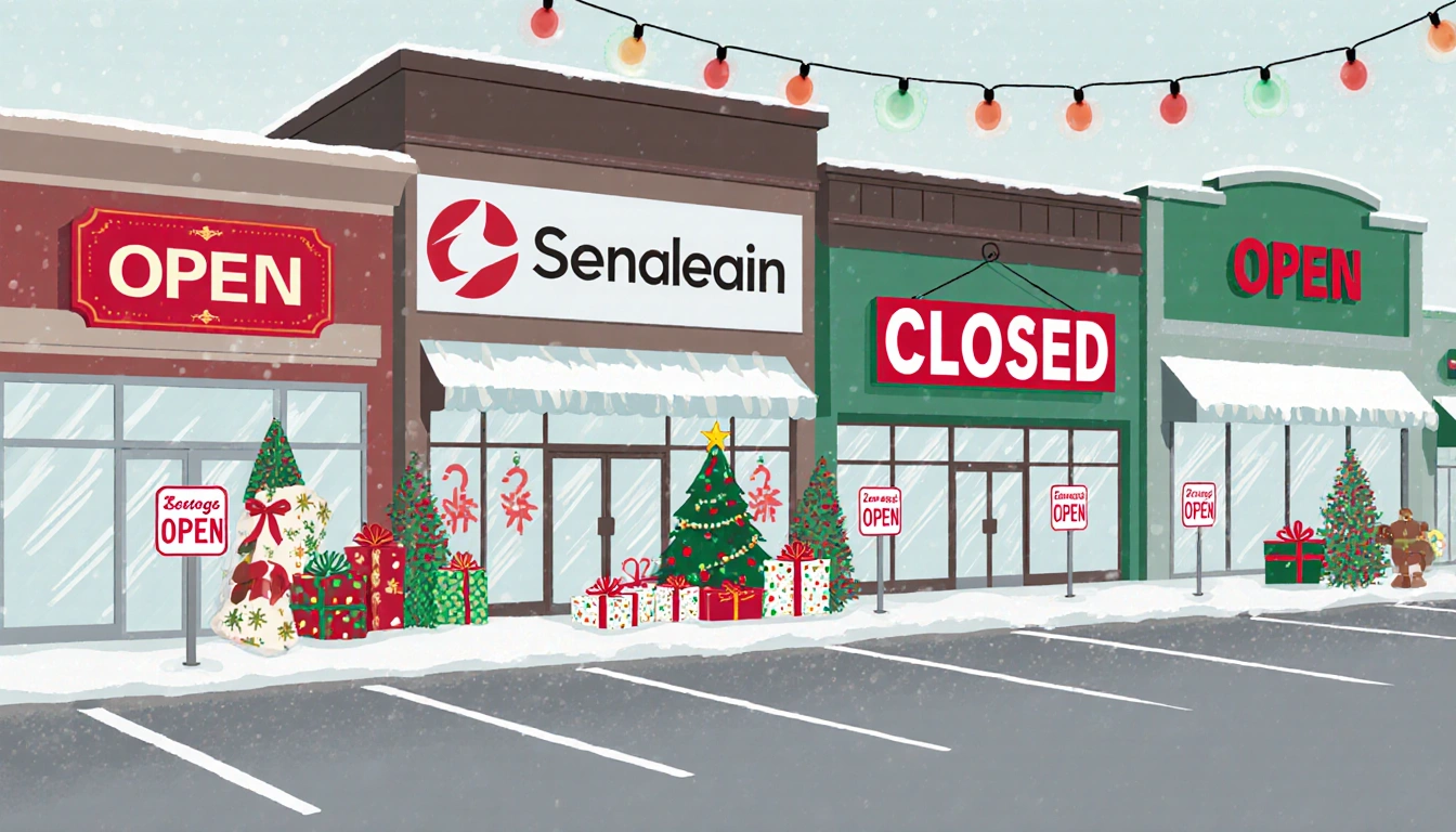 Retail storefronts display open and closed signs with festive Christmas lights in a quiet winter parking lot