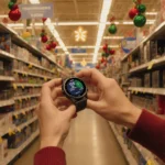Hands holding a Garmin smartwatch with Roomba and earbuds near a golden-lit Walmart holiday shopping scene.