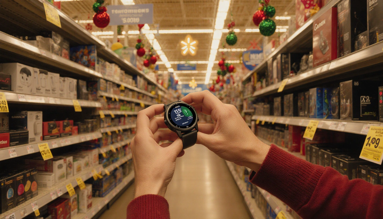 Hands holding a Garmin smartwatch with Roomba and earbuds near a golden-lit Walmart holiday shopping scene.