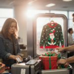 Frazzled traveler scans luggage with TSA agent watching and holiday sweater peeking from suitcase