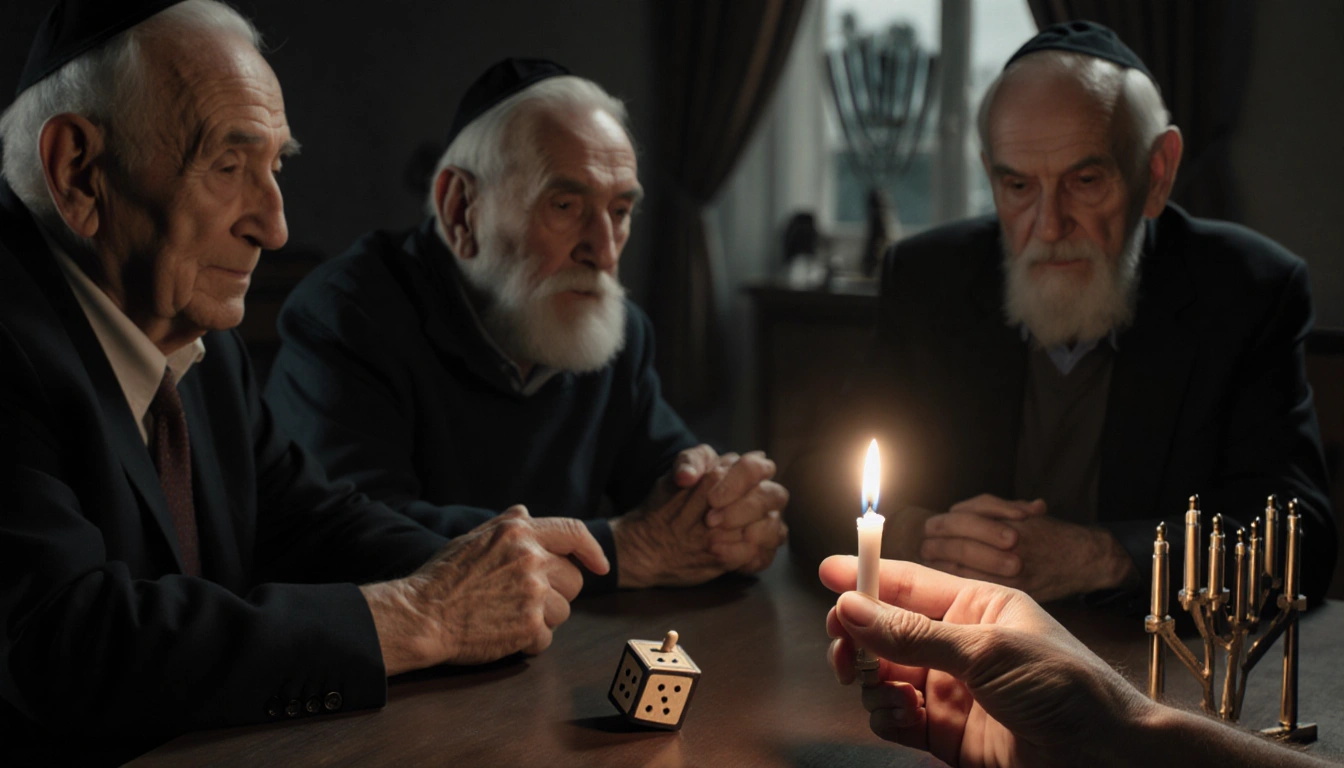 Survivors gather around a Hanukkah table with a single candle glowing and a gentle hand holding the flame conveying hope.