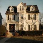 Home Alone house stands bathed in golden sunlight with long shadows across its manicured lawn and trimmed hedges