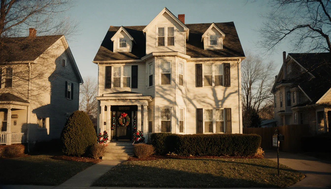 Home Alone house stands bathed in golden sunlight with long shadows across its manicured lawn and trimmed hedges
