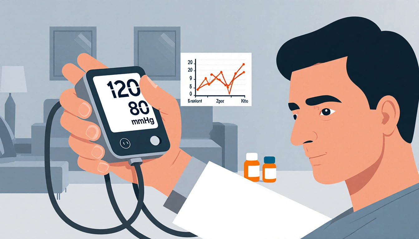 Doctor using home blood pressure monitor with screen showing 120/80 mmHg near chart and medication bottles
