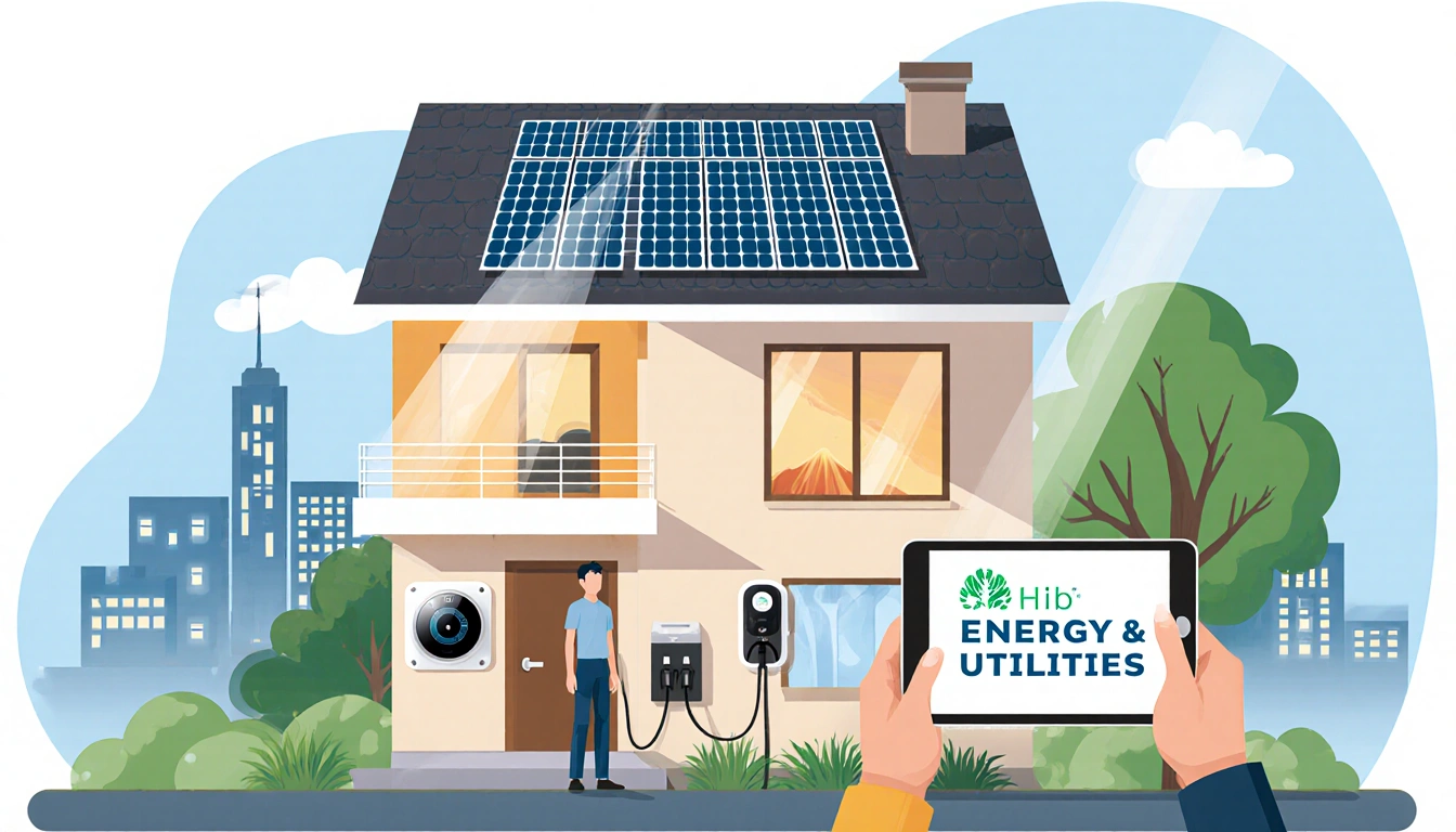 Person standing in front of a home holding a tablet with solar panels and EV charger and smart thermostat with natural light