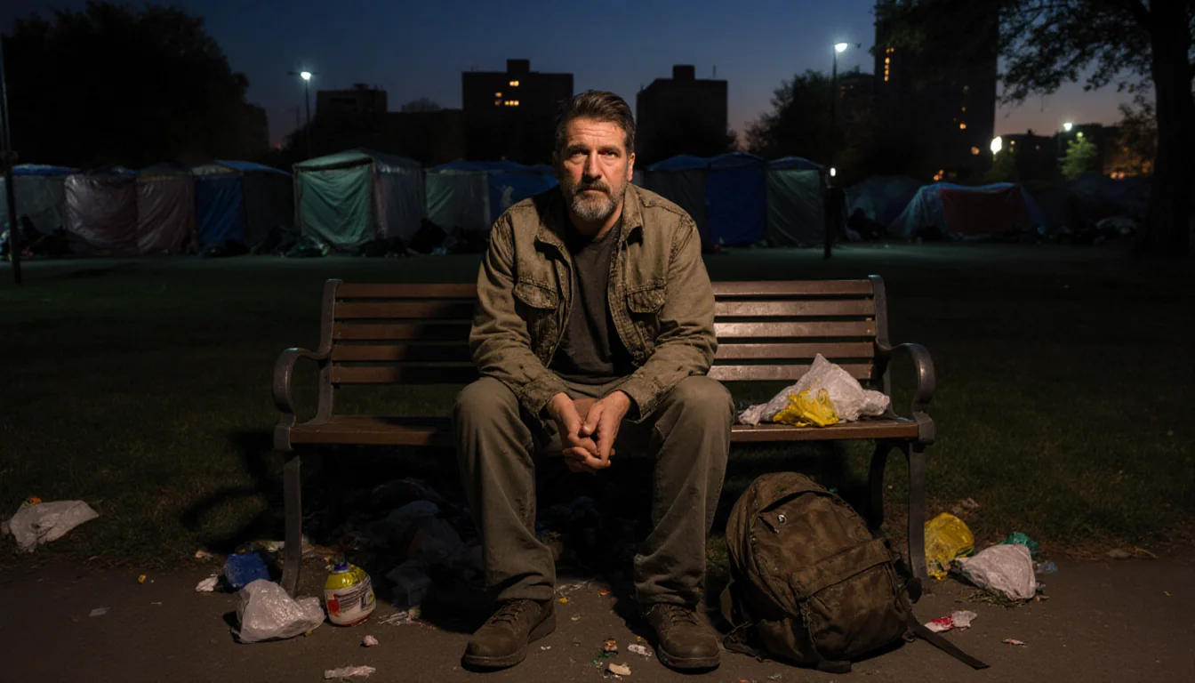 Homeless man sits on bench with weary expression and tired posture amid trash and dim city lights at dusk.