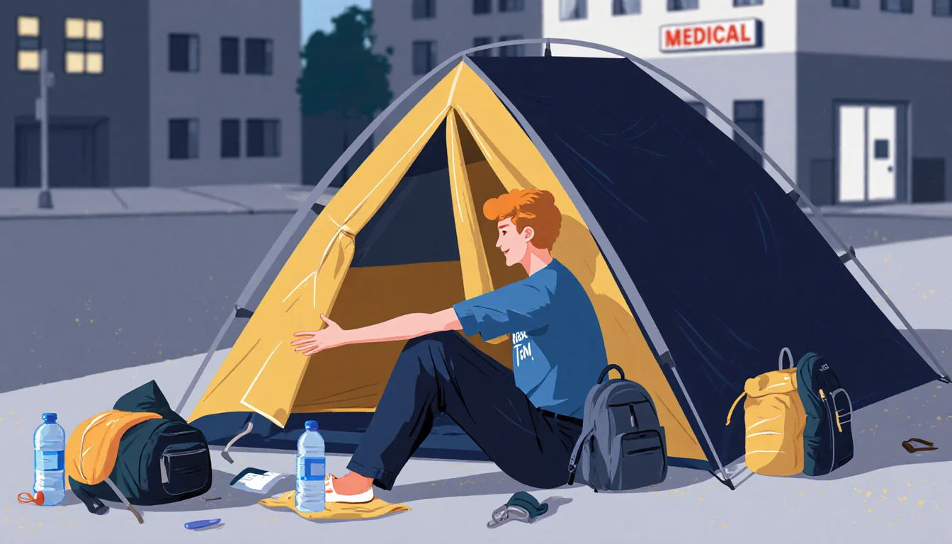 Homeless outreach worker sits beside a tent extending arms to build rapport with a backpack and water bottle nearby