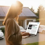 Homeowner standing by solar‑panel house and laptop screen showing home energy article with green cars and foliage in light