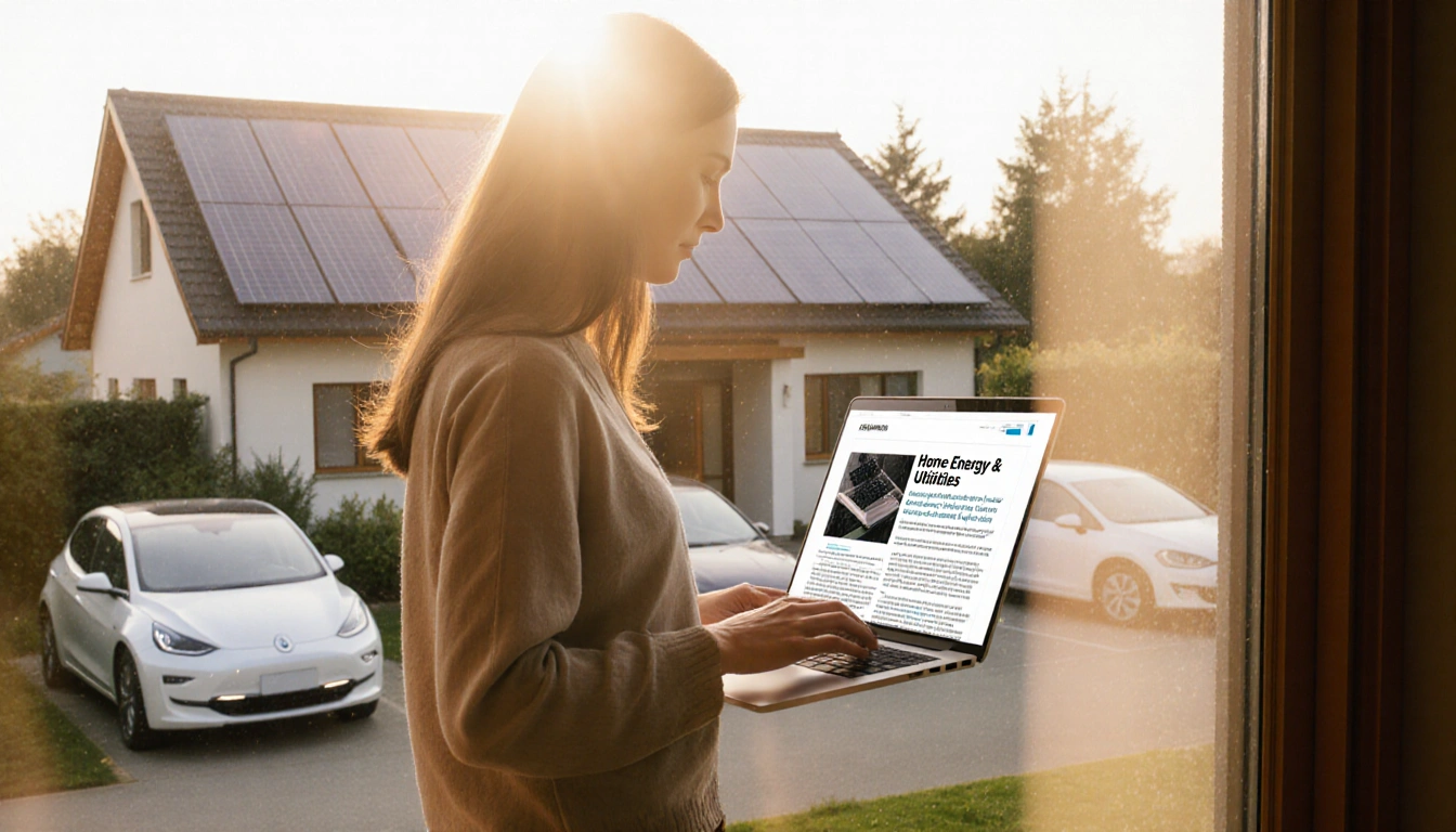 Homeowner standing by solar‑panel house and laptop screen showing home energy article with green cars and foliage in light