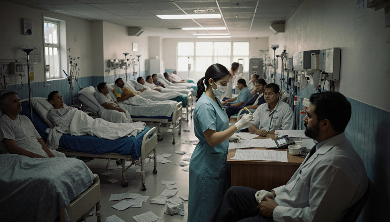Nurse swabbing patient in busy emergency room with crowded beds full of patients and doctor reviewing charts.