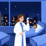 Healthcare worker holding a thermometer examines a patient in a blue hospital room with Christmas lights through the window