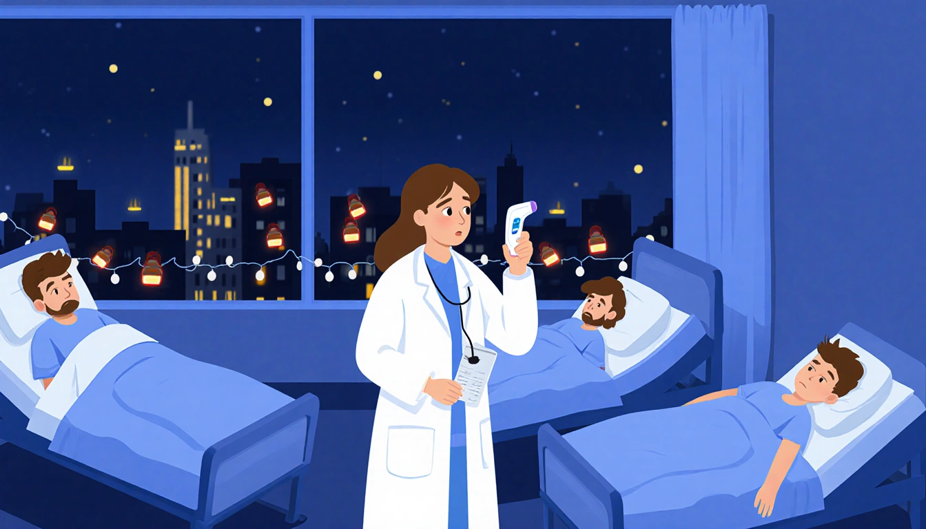 Healthcare worker holding a thermometer examines a patient in a blue hospital room with Christmas lights through the window