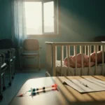 Newborn sleeping in a bassinet with warm golden light spilling in and an abandoned syringe beside the bedside table