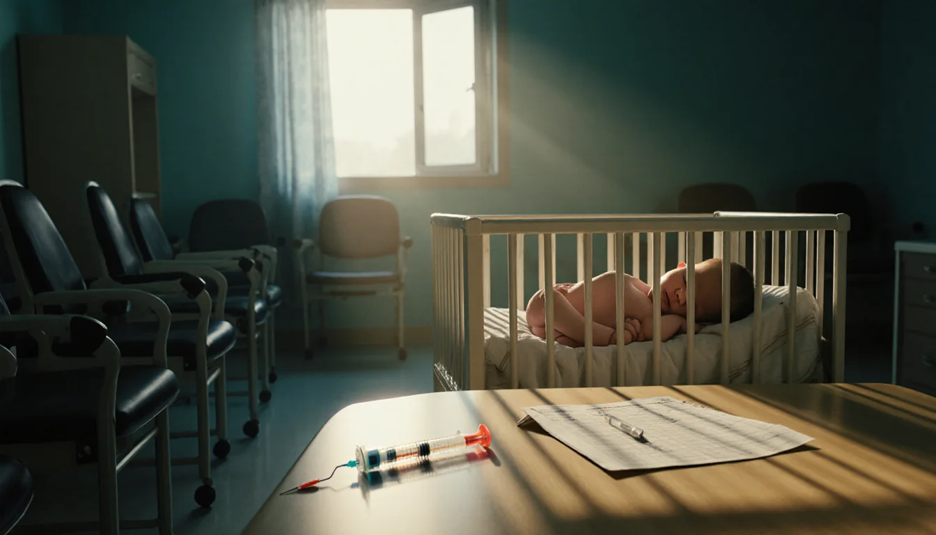 Newborn sleeping in a bassinet with warm golden light spilling in and an abandoned syringe beside the bedside table