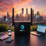 AT&T Fiber router emits signal with connected laptops and smartphones and green plants against a Houston sunset skyline.