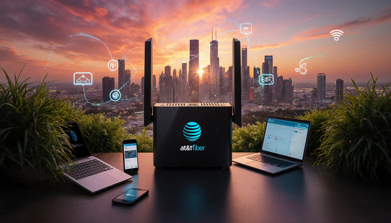 AT&T Fiber router emits signal with connected laptops and smartphones and green plants against a Houston sunset skyline.