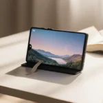 Huawei Pura X opens on minimalist desk with serene landscape on screen and coffee cup beside it