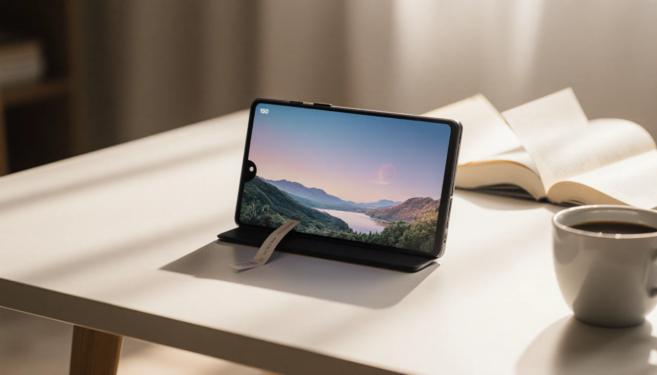 Huawei Pura X opens on minimalist desk with serene landscape on screen and coffee cup beside it