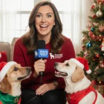 Humane Society reporter smiling while holding a microphone with festive pets near a Christmas tree