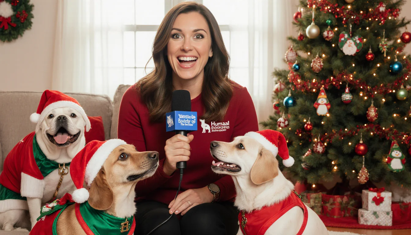 Humane Society reporter smiling while holding a microphone with festive pets near a Christmas tree