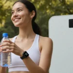 Person holding refillable water bottle with smart scale nearby while showing hydrated expression in a lush forest setting