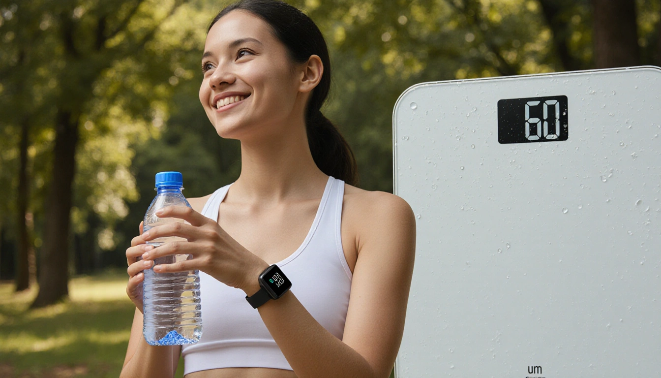 Person holding refillable water bottle with smart scale nearby while showing hydrated expression in a lush forest setting