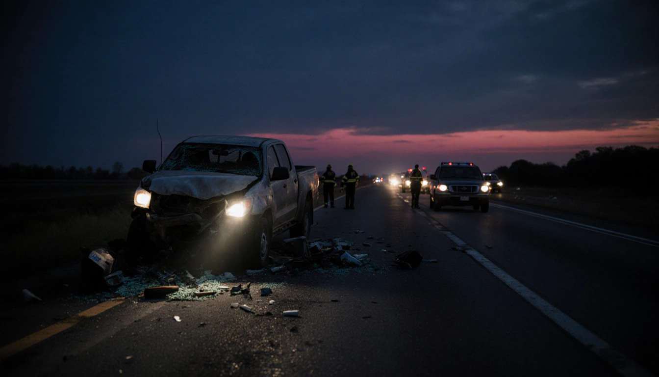 Police flashlight beams onto wrecked highway with twisted metal while emergency responders gather and sunrise light rises