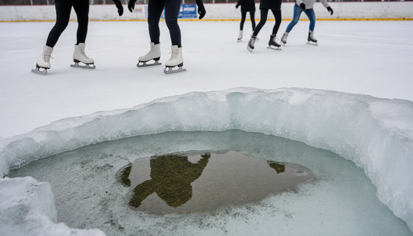 Skaters skating on thin fragile ice with cracks and a murky water pool leaking under the rink