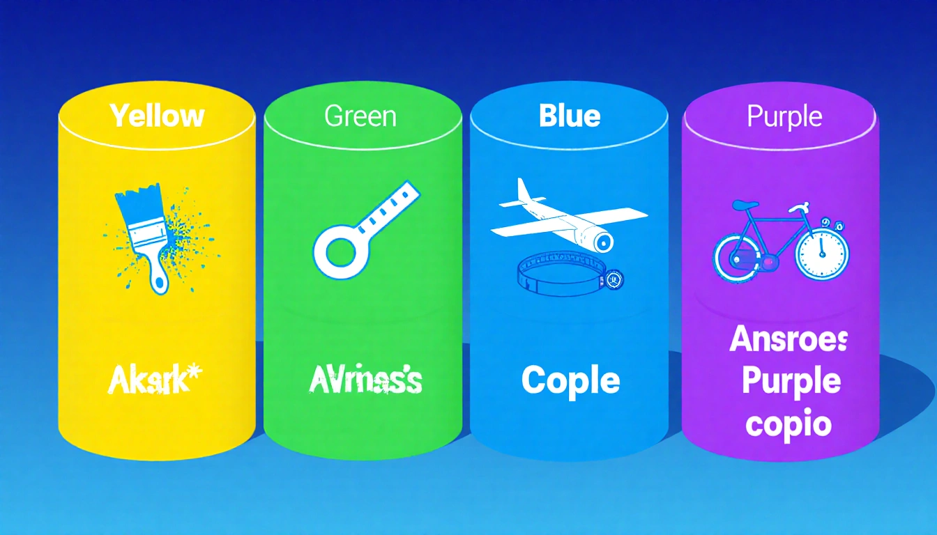 Table arranges icons with paintbrush and measuring tape and airplane and bicycle in four columns on blue gradient
