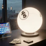 Powerball lottery ball sits on desk with halo of white light while tickets and cash scatter nearby and screen shows drawing