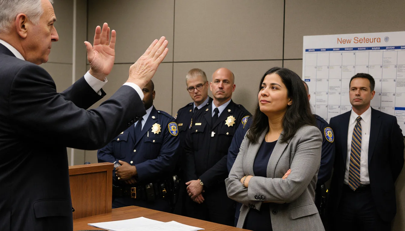 Ferreira standing before judge's bench with arms crossed and judge raising hands among ICE officers in dimly lit courtroom