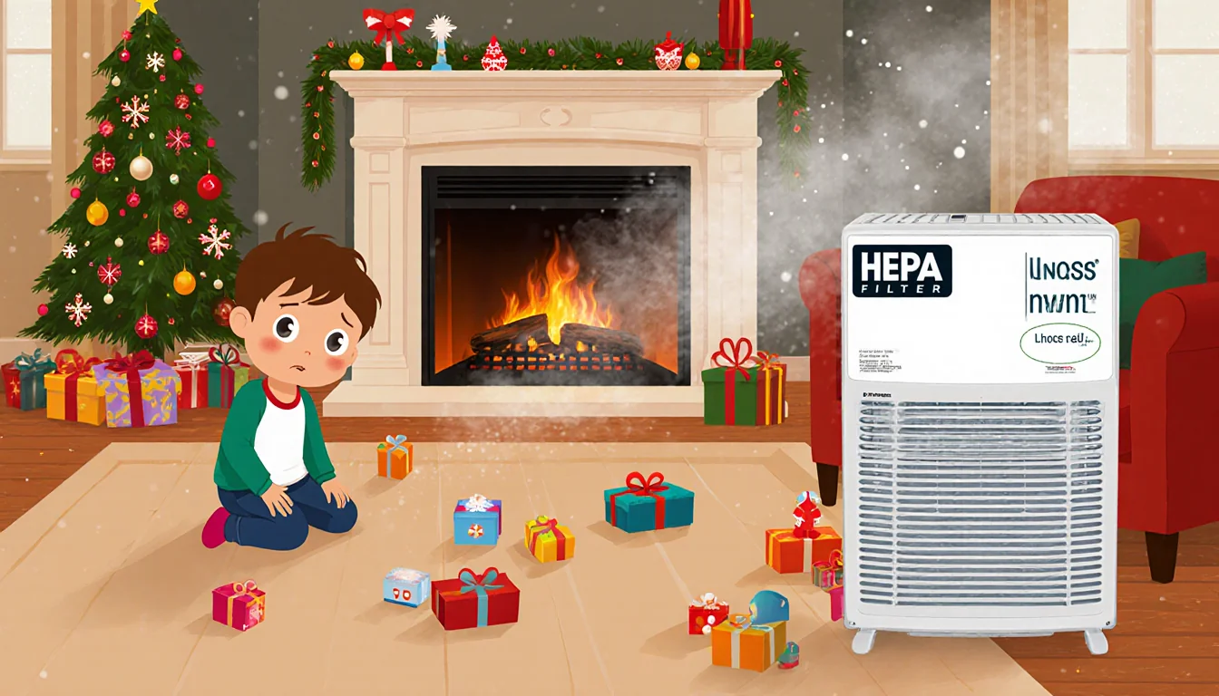 Child playing on rug with toys and festive decorations while smoke haze drifts from fireplace and a HEPA filter sits nearby