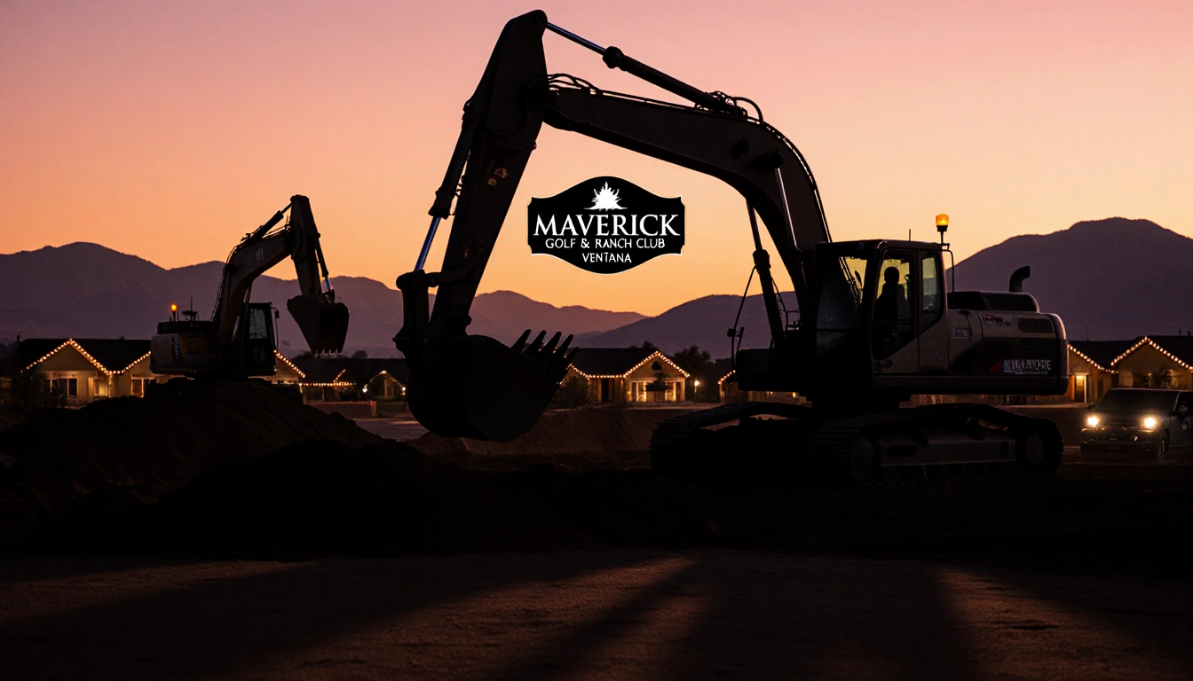 Excavator and bulldozer industrial machinery dig and push earth with long shadows against dusk sky over golf course