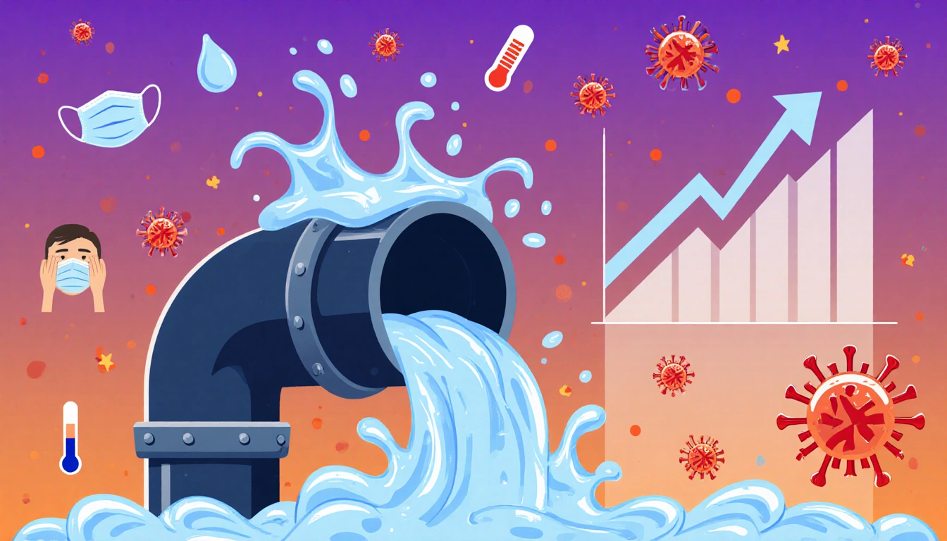 Large pipe overflowing wastewater with a sharp upward graph and flu mask symbols showing influenza surge