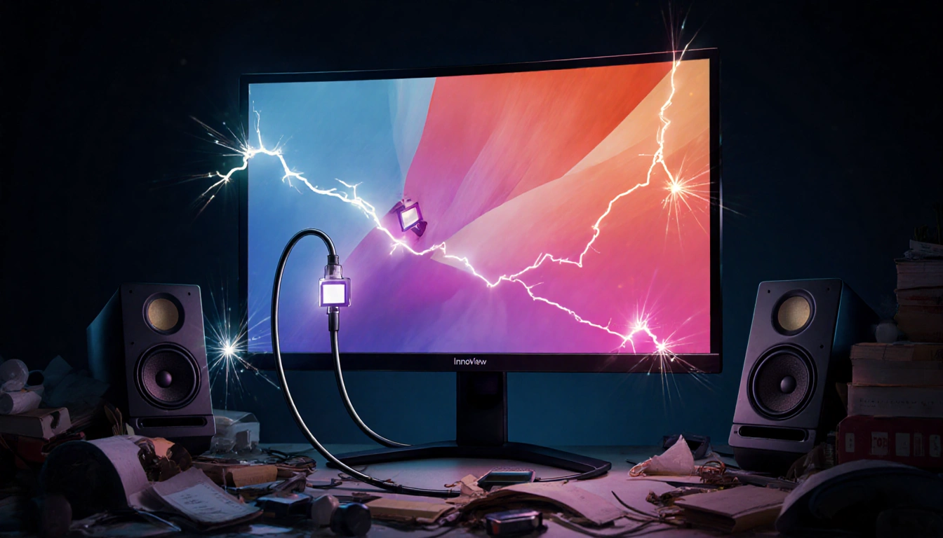 Speakers sparking while a USB-C cable connects to the InnoView PM408 monitor on a cluttered desk with a dark background.