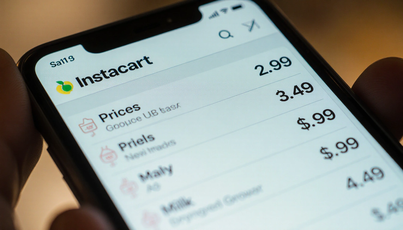 Smartphone screen shows Instacart price discrepancy with $2.99 $3.49 $4.99 side by side under soft natural light