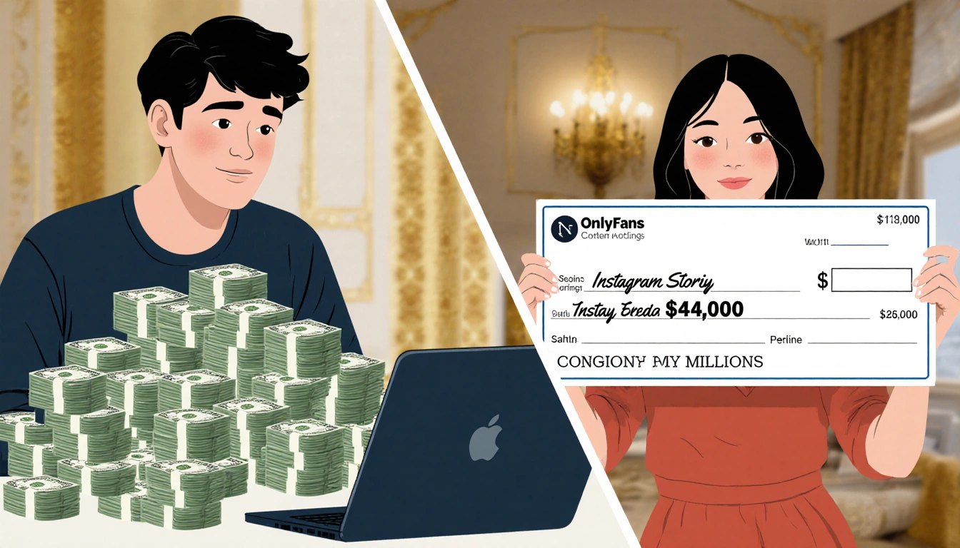 Woman sits at laptop with $100 bills totaling $450,000 and another holds large check with millions beside backdrop.