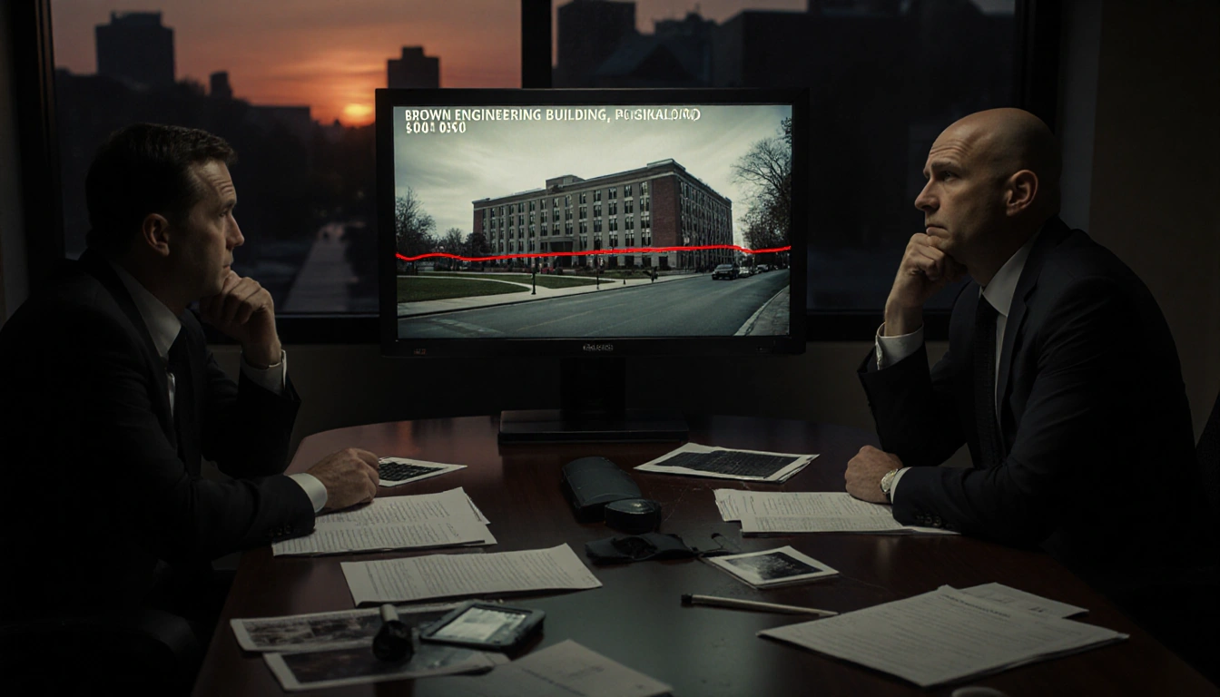 Investigators reviewing footage on monitor with grainy video of Brown engineering building and red path marker