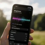 iPhone 13 Pro shows subtle ringtone waveform on screen with custom gallery open and lush greenery