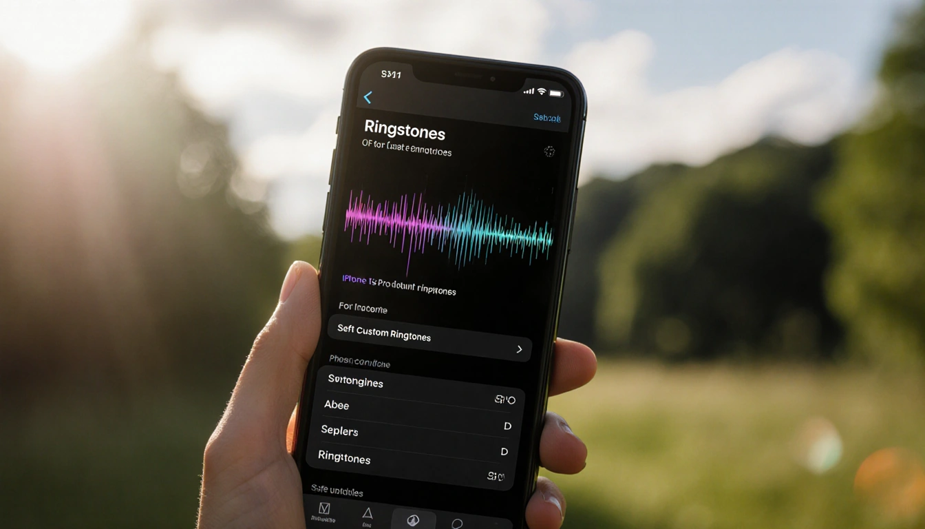 iPhone 13 Pro shows subtle ringtone waveform on screen with custom gallery open and lush greenery