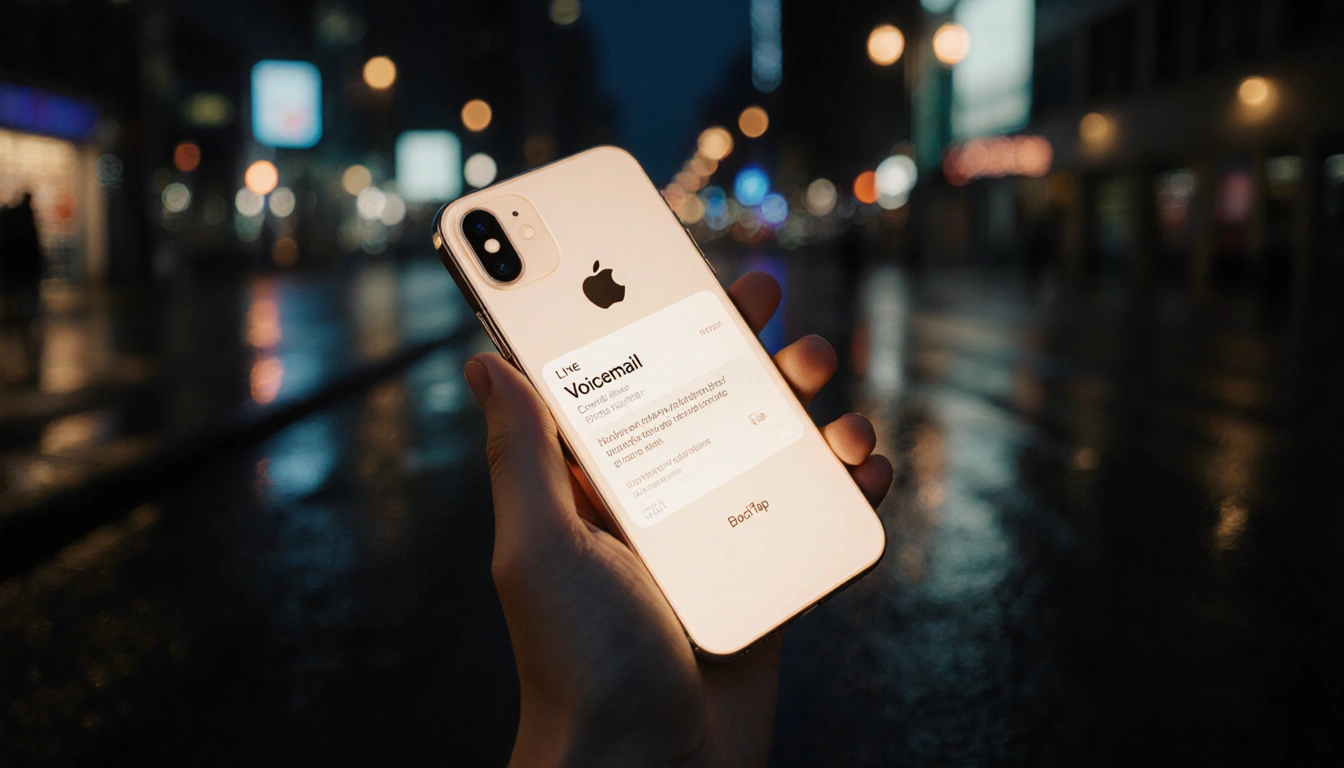 iPhone 15 midair glowing with voicemail on screen and camera lens catching a hand over blurred cityscape.