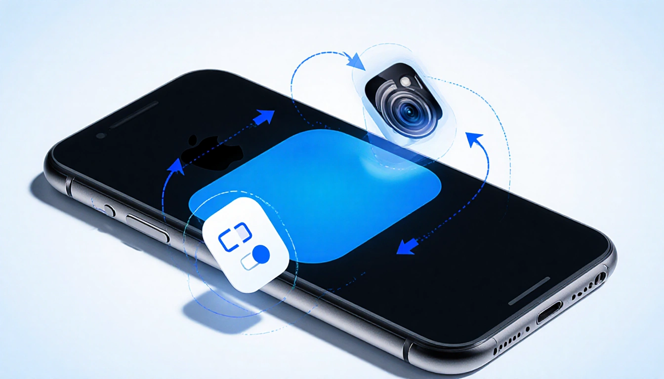 iPhone back highlighting blue tap zone with gesture arrows and camera icon for Back Tap actions.